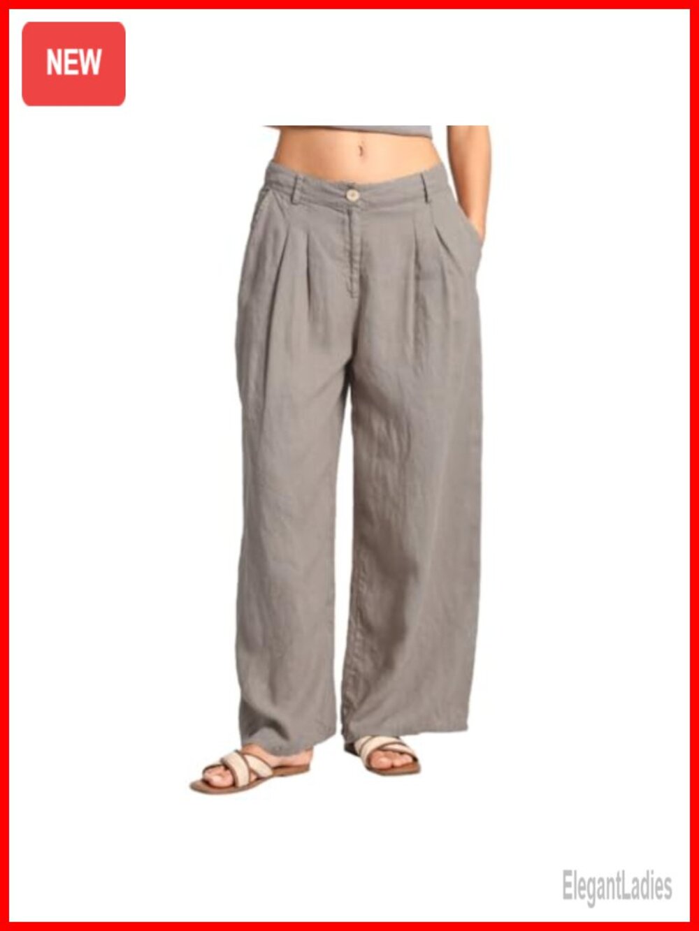 100% Linen Wide Leg Pants Pleated Front Mid Rise Palazzo